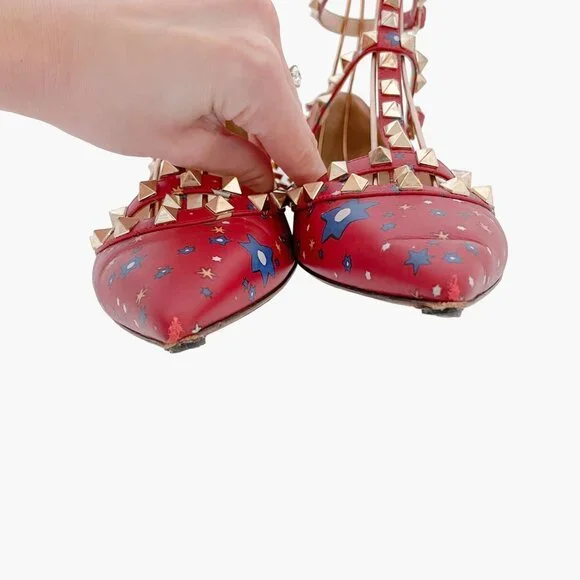 Valentino Garavani Rockstud Caged Flats EU 37.5 US 7.5 Red Stars Studded Ballet - Picture 5 of 13